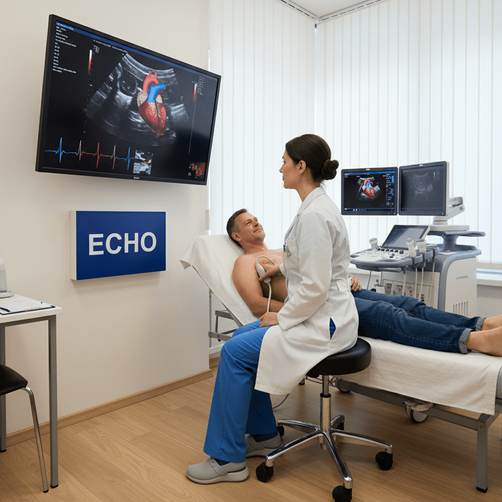 Doctor performing cardiac ultrasound on patient in a modern clinic room