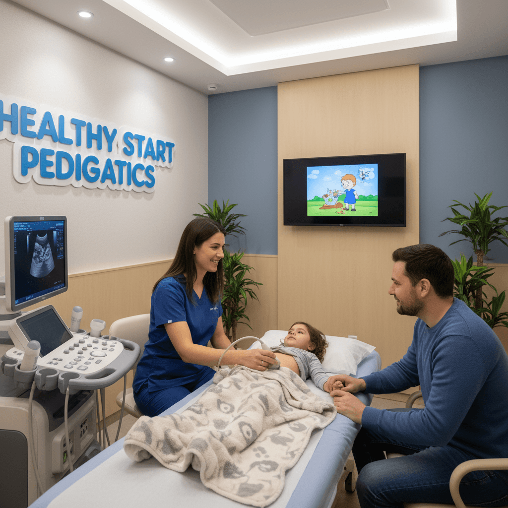 Pediatric ultrasound examination with a parent present in a calm clinic