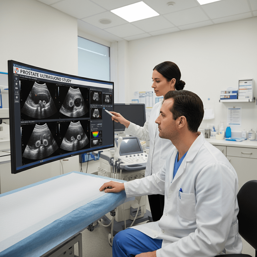 Urologist reviewing prostate ultrasound images on a monitor