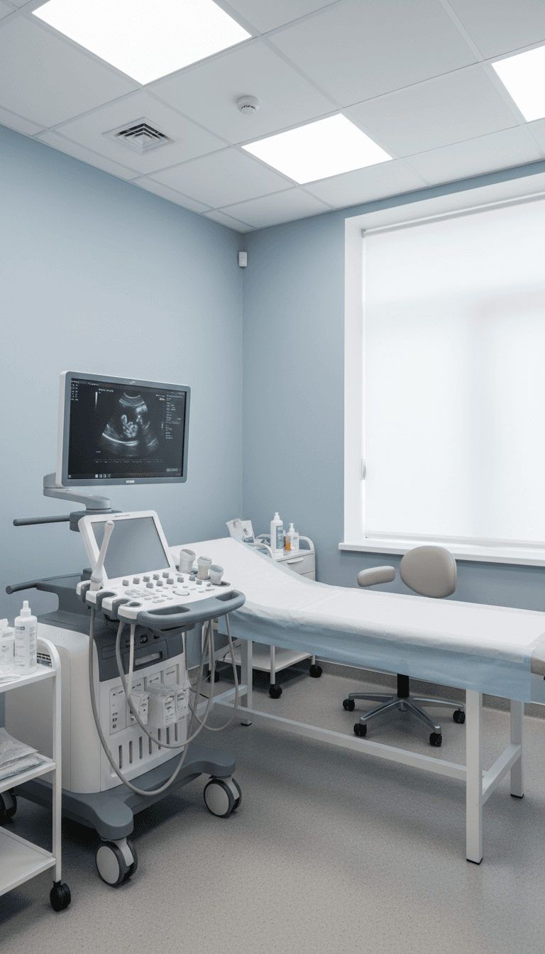 Ultrasound machine with monitor in modern examination room