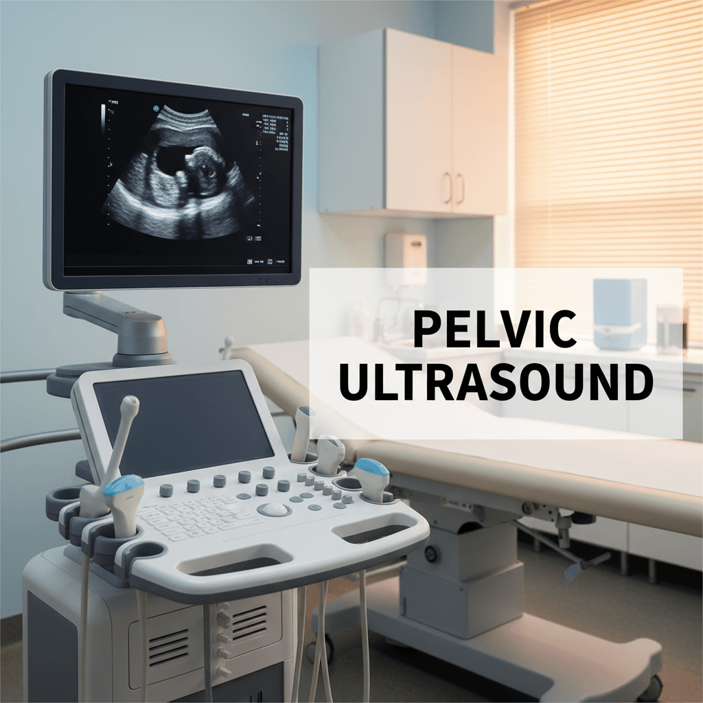 Gynecological ultrasound machine with monitor displaying a pelvic scan