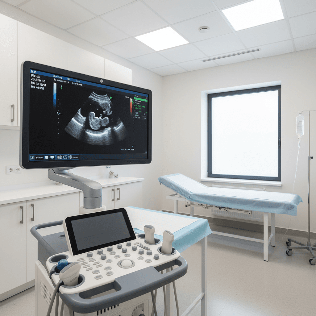 Ultrasound machine with monitor showing a diagnostic scan in a modern clinic room