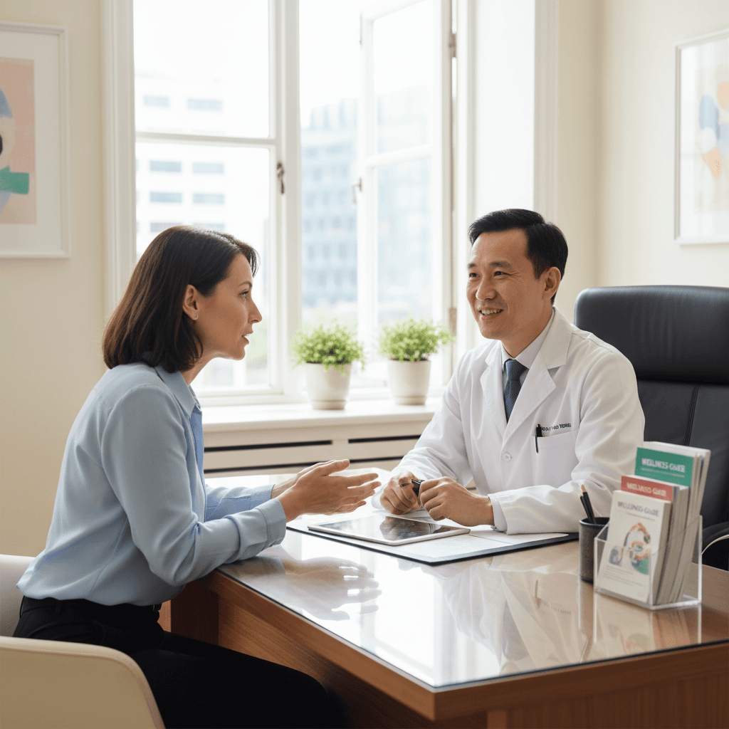 Male doctor in consultation with a patient at a desk in a bright medical office