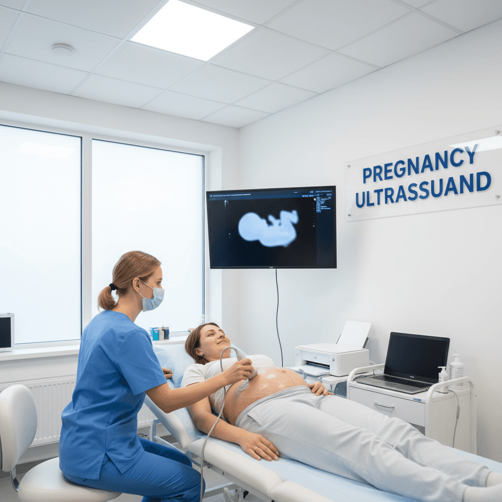 Expectant mother lying down for a pregnancy ultrasound scan in a bright exam room