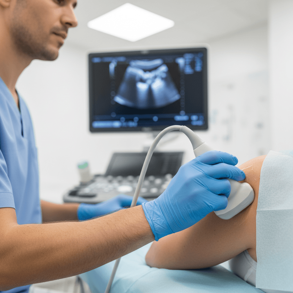Ultrasound machine with medical monitor in a clinic examination room