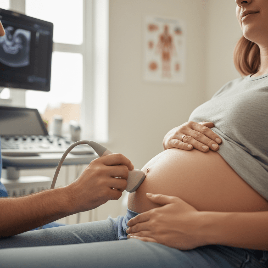 couple looking at ultrasound screen during a prenatal scan