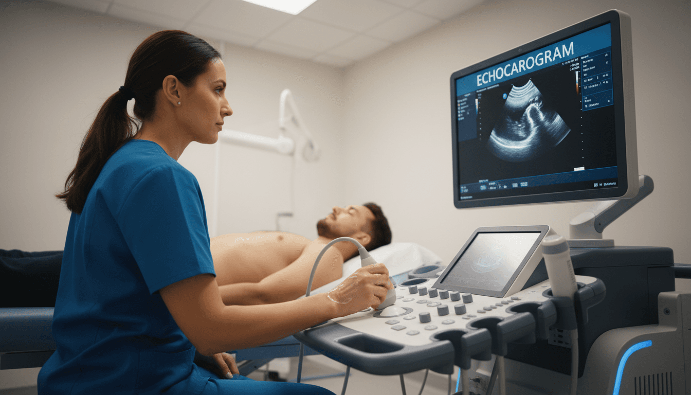 medical monitor showing cardiac ultrasound images in a clinical setting