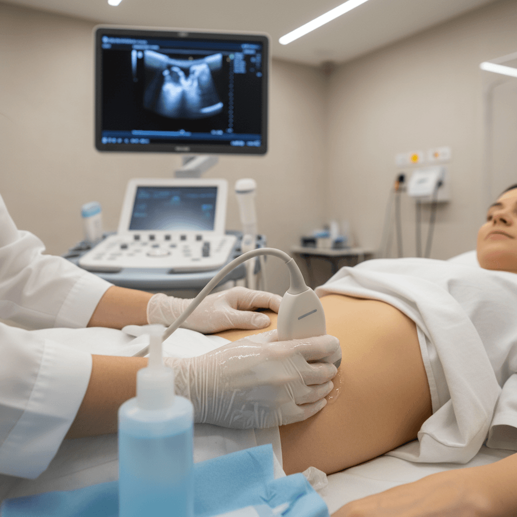 sonographer performing an abdominal ultrasound on a patient