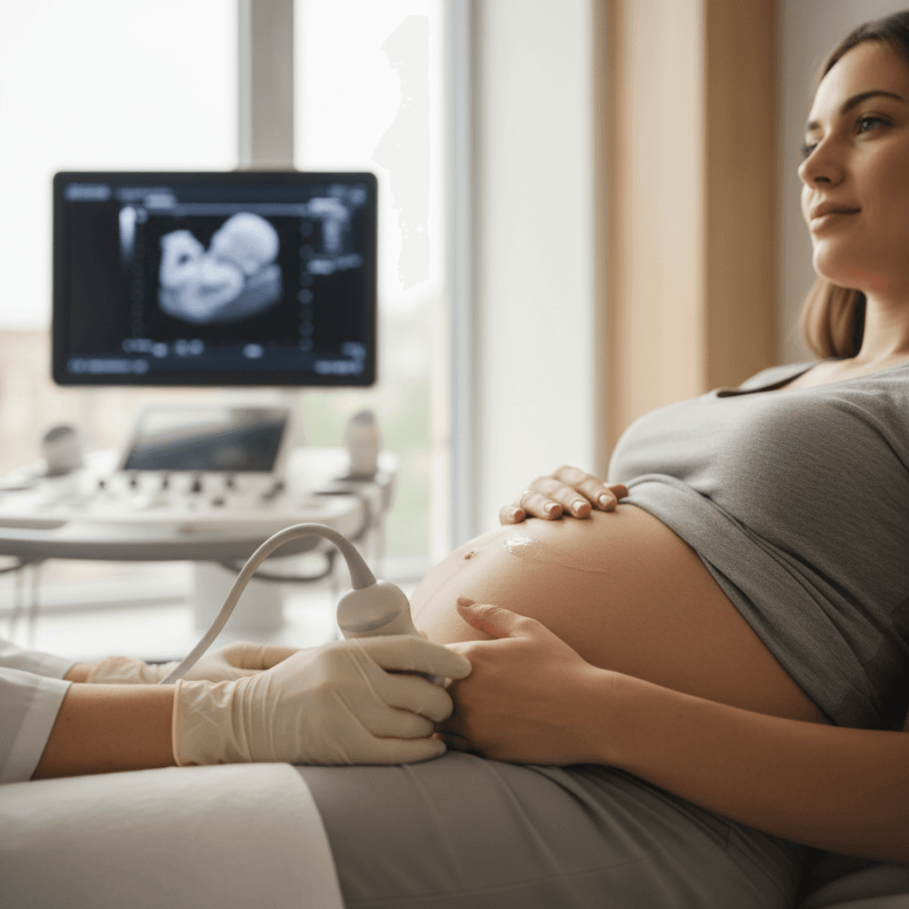 Doctor explaining ultrasound results to patient in a bright examination room